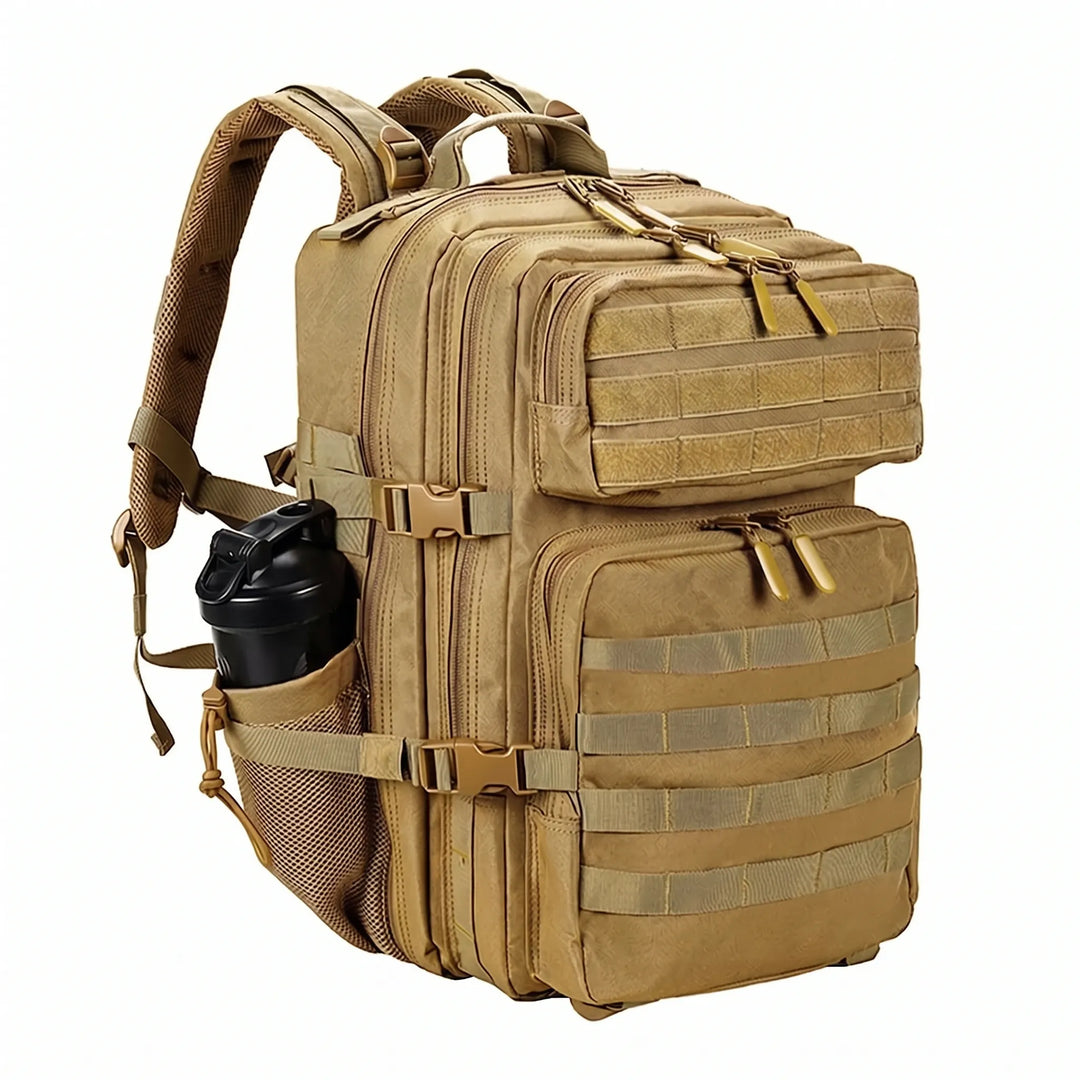 Top-loading men's tactical camping bag, robust outdoor gear with easy access for essentials.