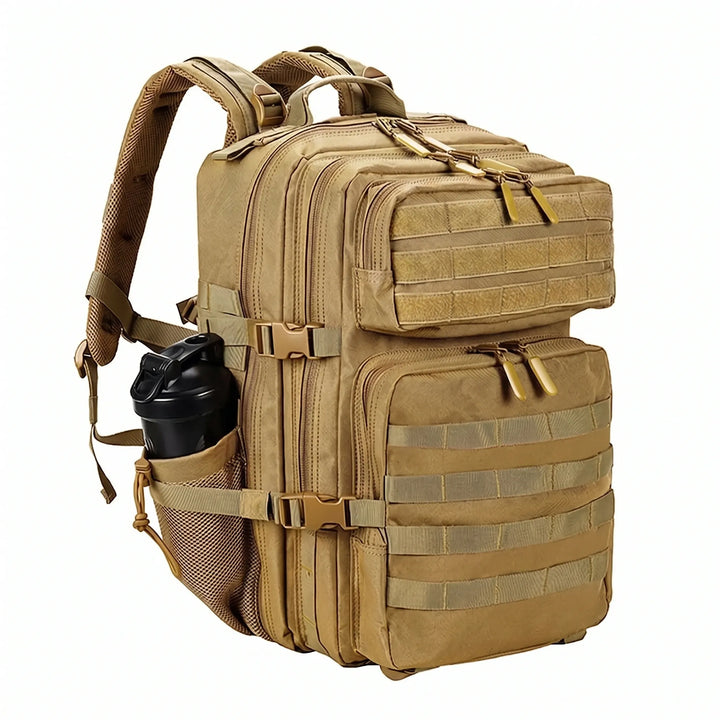 Top-loading men's tactical camping bag, robust outdoor gear with easy access for essentials.