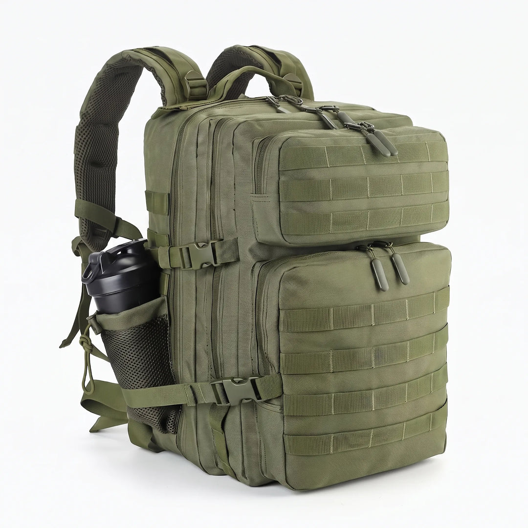 Heavy-duty zippers & buckles on a durable men's tactical hiking pack for secure outdoor gear.