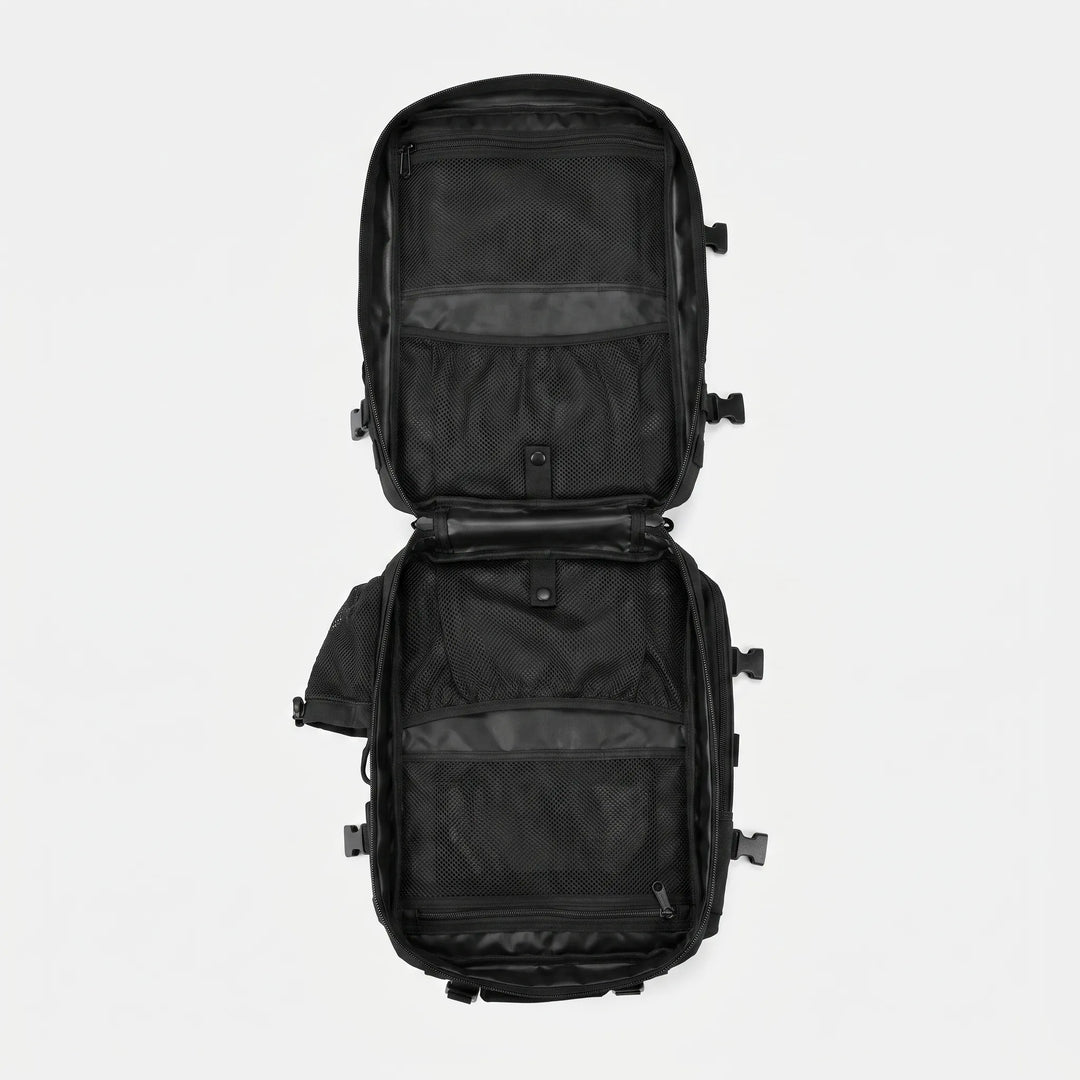 Man wearing a durable tactical hiking pack, ready for outdoor adventures & long-distance travel.