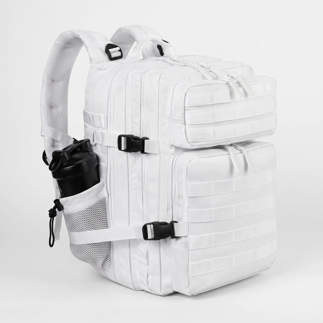 Rugged tactical hiking backpack in a forest, ideal men's outdoor gear for camping & survival.