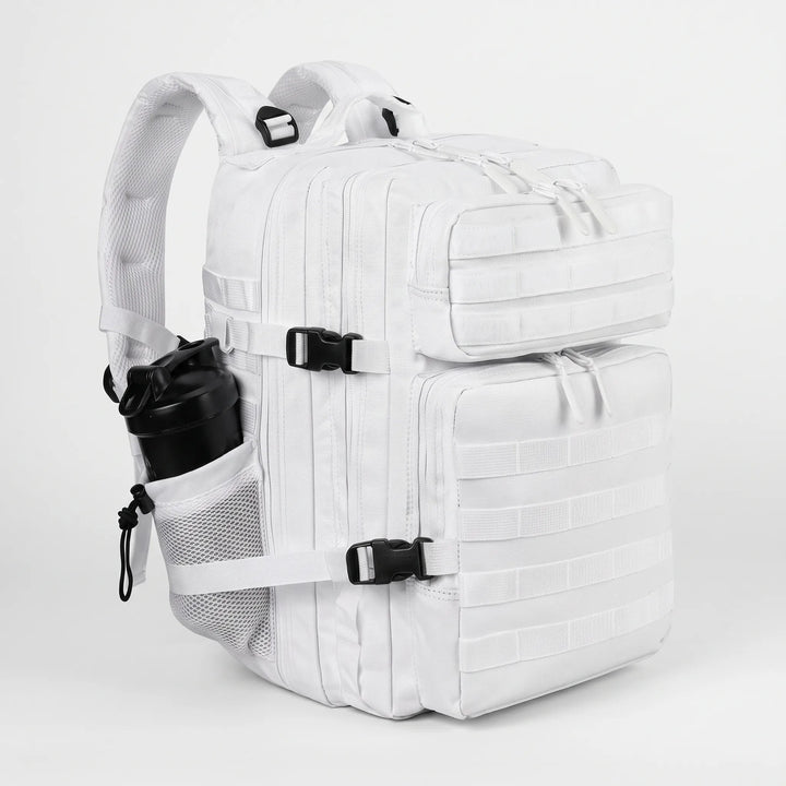 Rugged tactical hiking backpack in a forest, ideal men's outdoor gear for camping & survival.