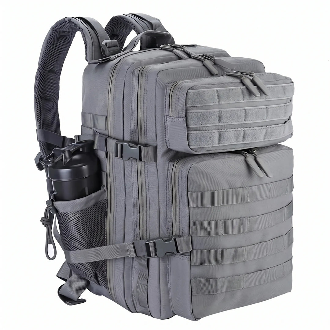 Fully packed men's multi-compartment hiking backpack, essential durable outdoor travel gear.