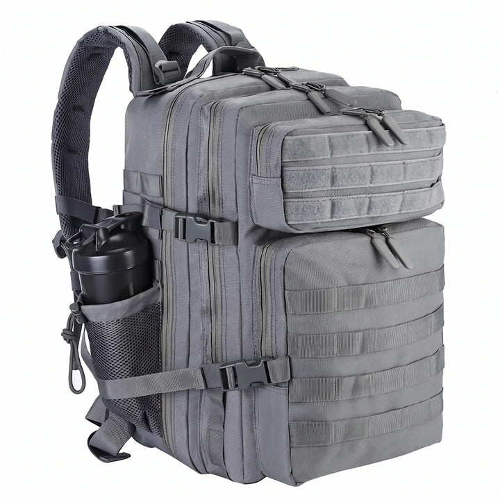 Fully packed men's multi-compartment hiking backpack, essential durable outdoor travel gear.