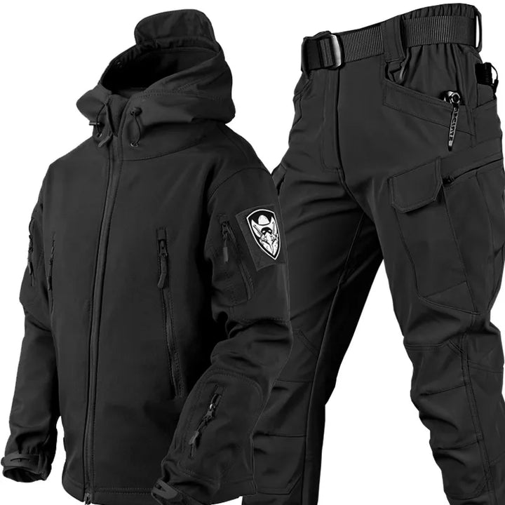 Men's tactical outdoor set, windproof & waterproof jacket and trousers for hiking & adventure.