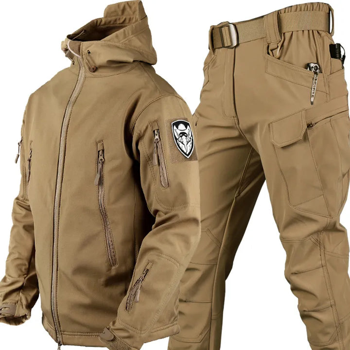 Men's windproof & waterproof tactical jacket for outdoor adventures, hiking, and all-weather wear.