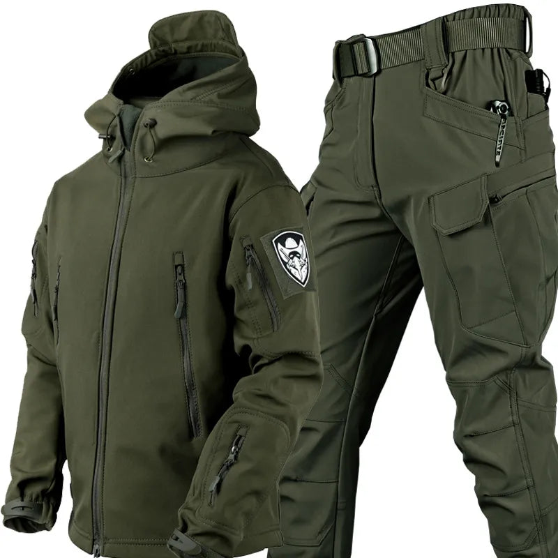 Men's all-weather casual set, tactical windproof & waterproof apparel for outdoor protection.