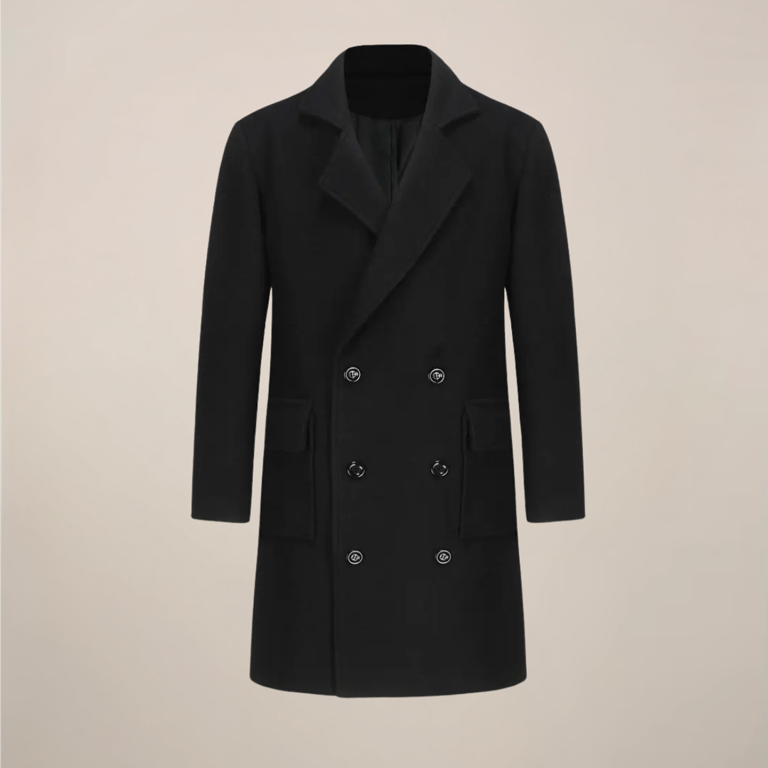 Men's tailored black double-breasted overcoat. Classic winter long coat for formal or business attire.