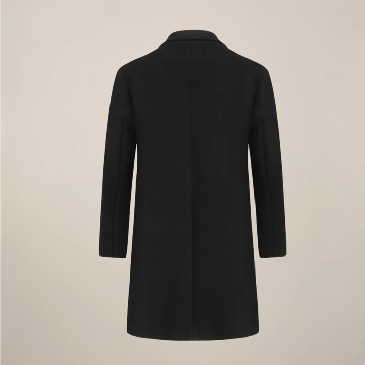 Stylish men's black double-breasted overcoat. Warm, long winter coat for fall fashion & smart casual wear.