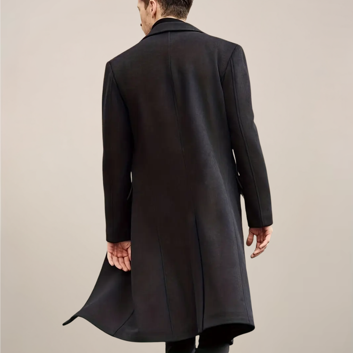 Stylish men's black long overcoat for sophisticated formal wear & warm cold weather protection.