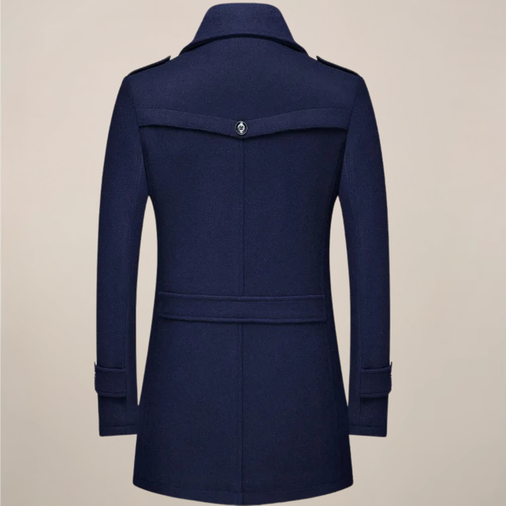 Stylish men's long trench coat in black, ideal for modern, sophisticated winter outerwear.