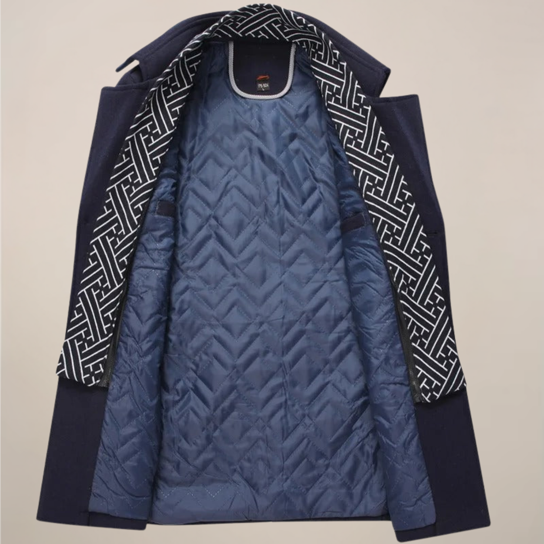 Sophisticated men's tailored winter overcoat for formal business wear in cold weather.