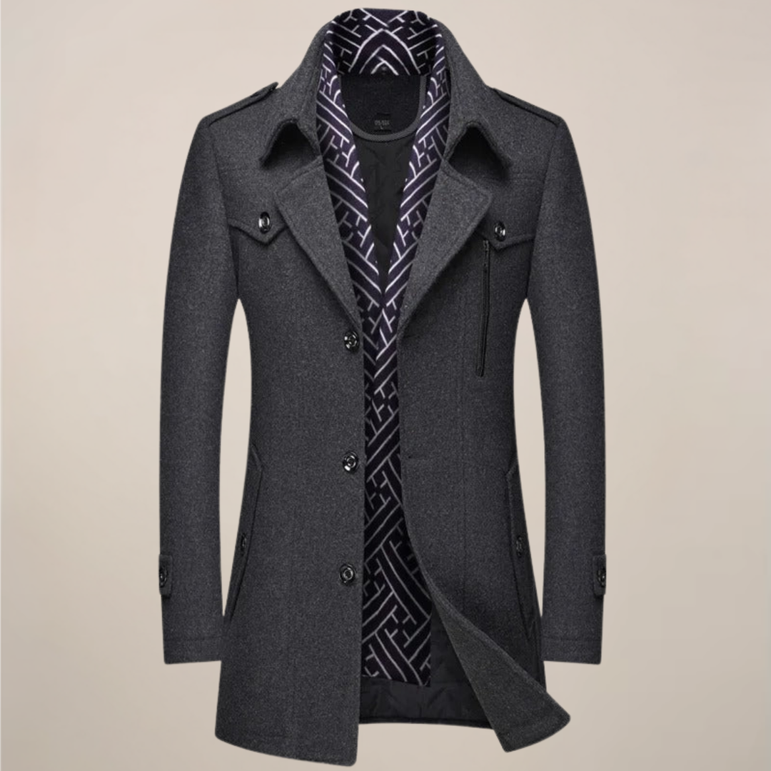 Modern men's long tailored overcoat, versatile for smart casual or business wear in winter.