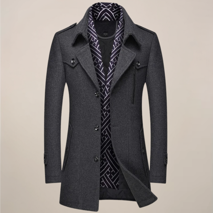 Modern men's long tailored overcoat, versatile for smart casual or business wear in winter.