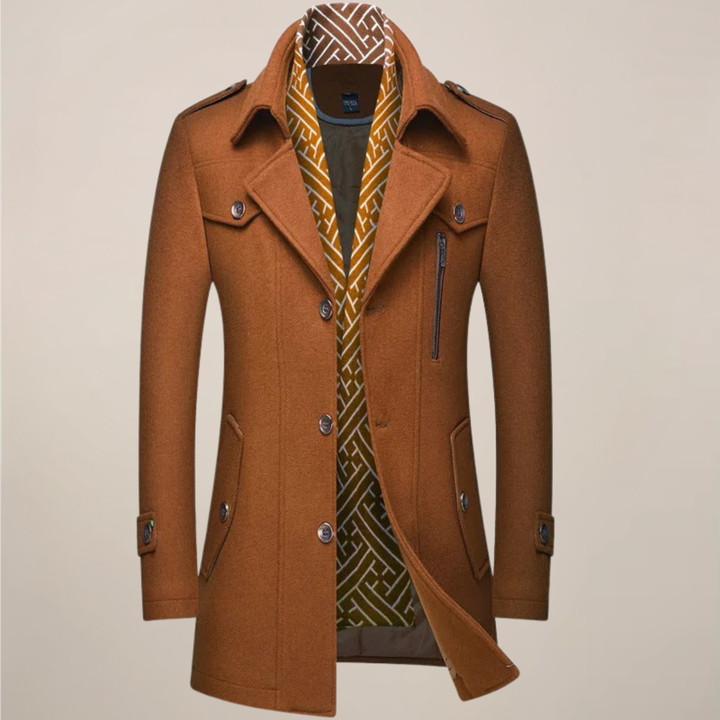 Elegant men's tailored winter overcoat, warm trench coat style for cold weather and business.