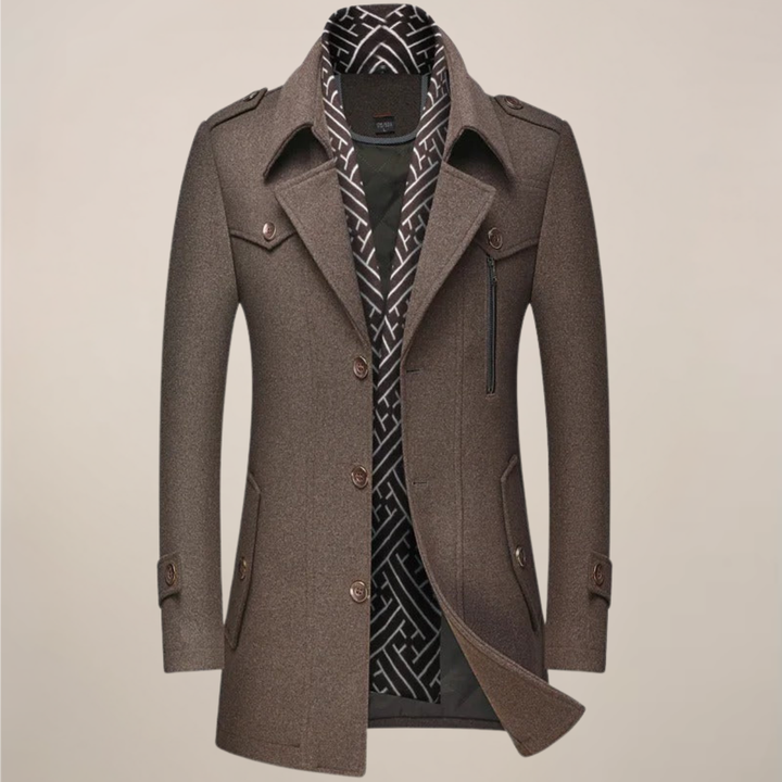 Dark grey men's tailored wool blend overcoat, a sophisticated winter trench coat for cold weather.