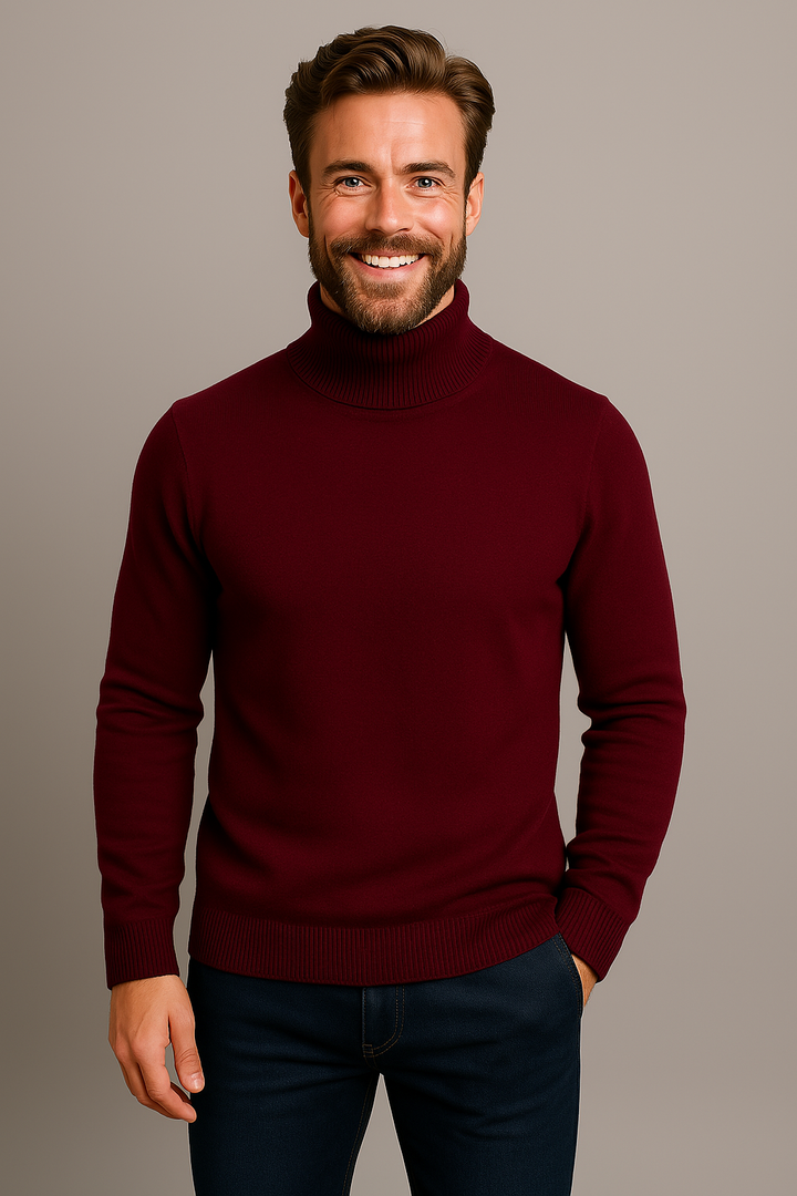 Elegant men's long sleeve roll neck polo sweater, adding a refined touch to any smart casual outfit.