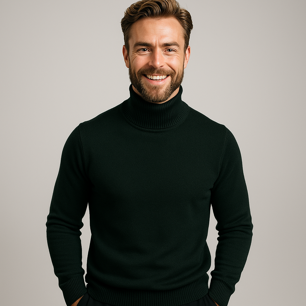 Stylish men's roll neck polo sweater, perfect for elevated business casual and weekend wear.