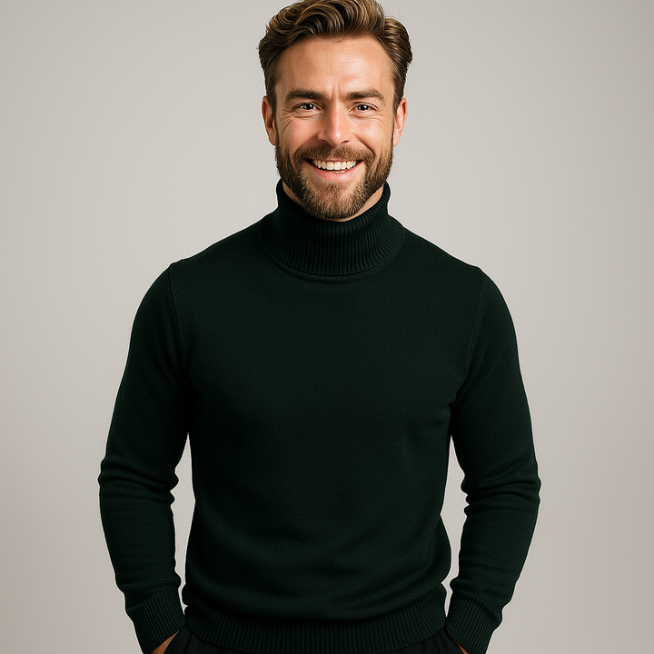 Stylish men's roll neck polo sweater, perfect for elevated business casual and weekend wear.