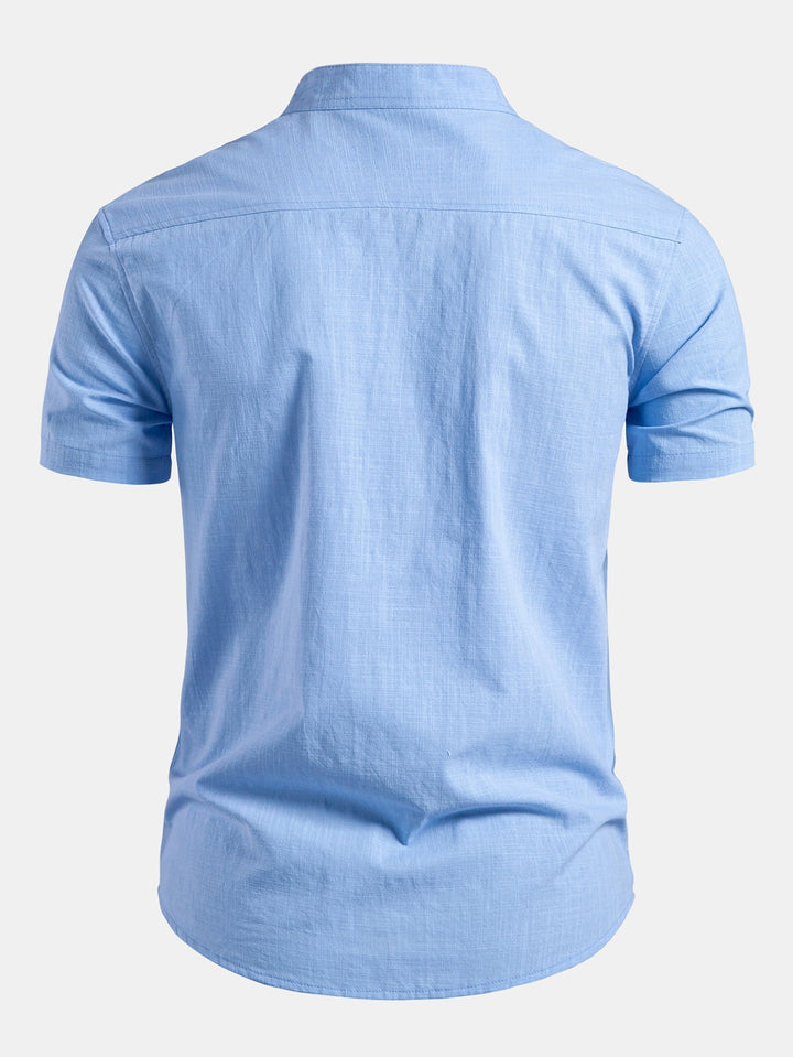 Casual men's button-down shirt featuring a stylish mandarin collar and comfortable tailored fit.