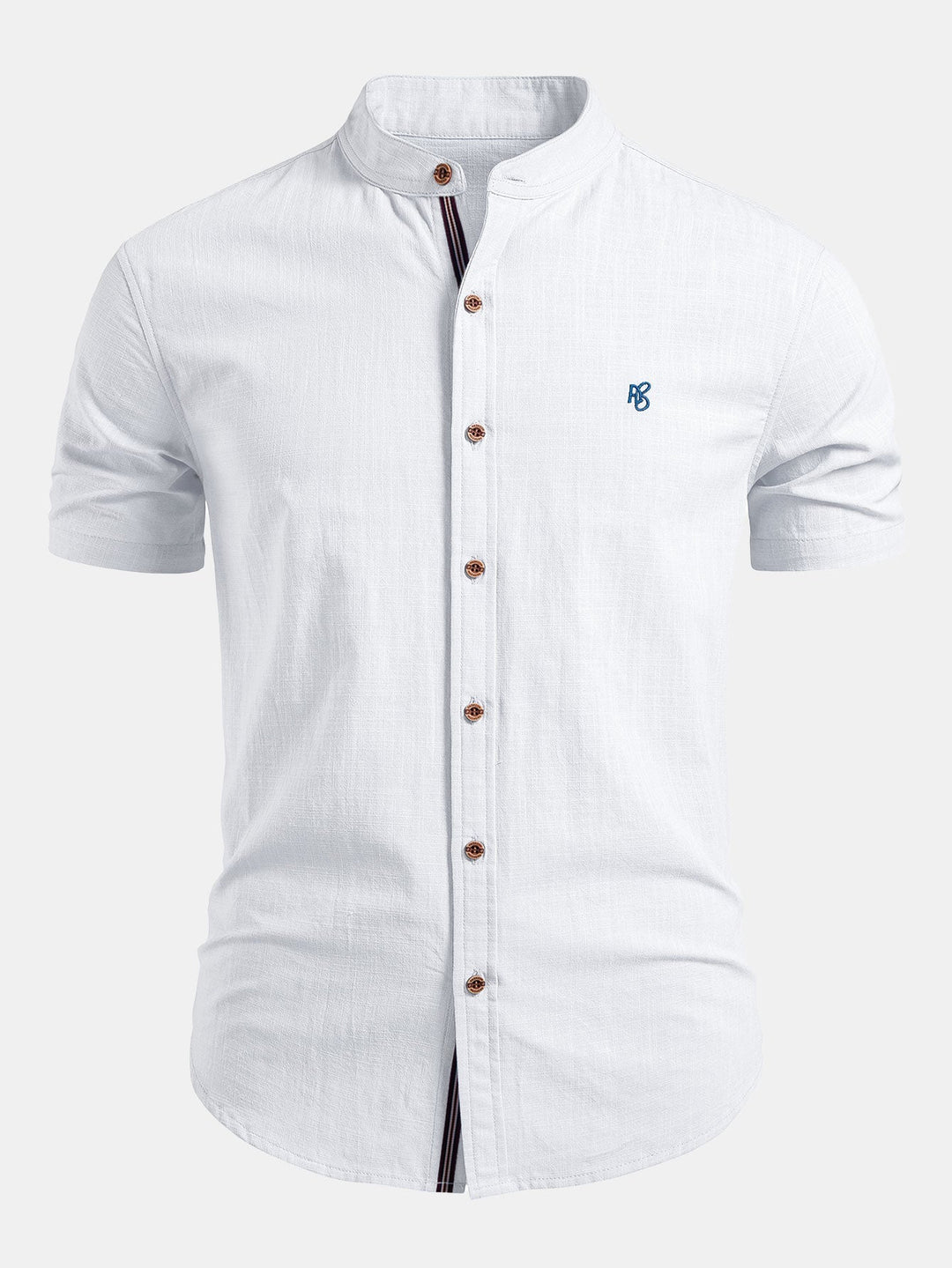 Elegant men's short sleeve mandarin collar shirt, tailored for a smart look, suitable for warm weather.