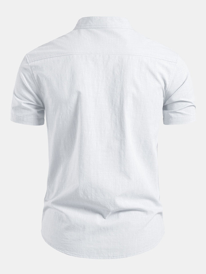 Versatile men's tailored fit shirt with a unique mandarin collar and short sleeves for summer fashion.