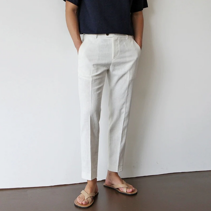 Men's tailored fit white summer trousers, breathable & lightweight. Perfect for casual or smart casual spring/warm weather.