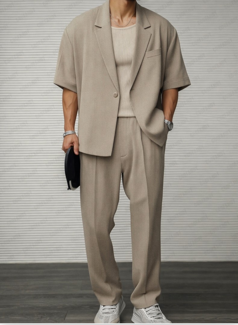 Men's tailored short sleeve blazer & matching trousers smart set, ideal for modern business attire or events.