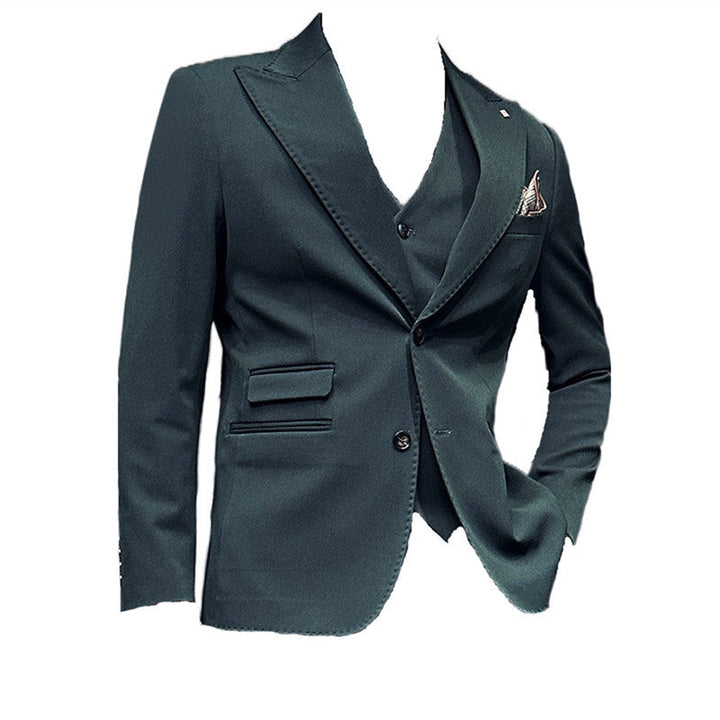 Sophisticated camel men's three-piece suit. Slim fit design for weddings, proms & formal occasions.