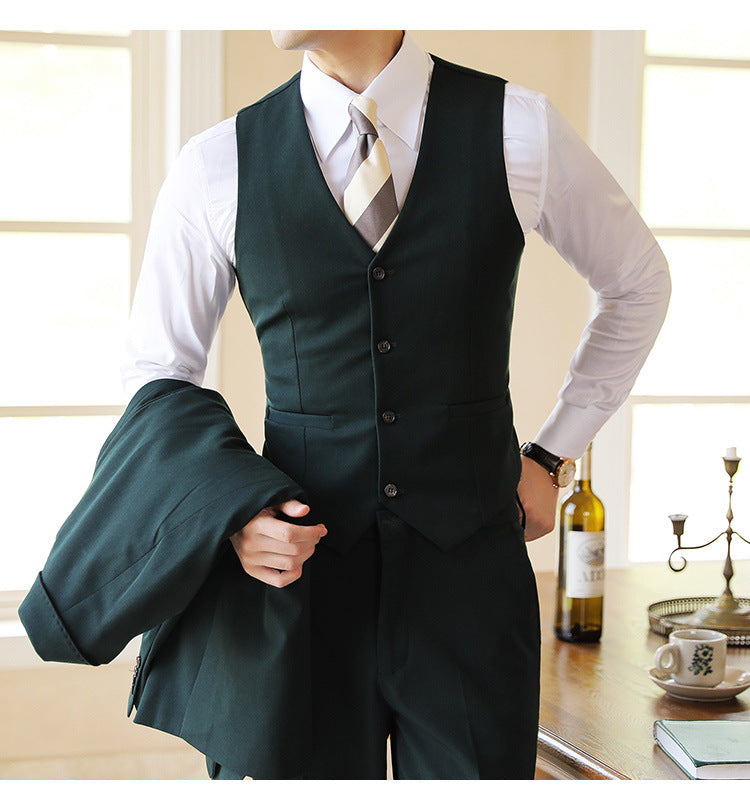 Men's tailored three-piece suit vest. Formal waistcoat, part of a wedding or event suit ensemble.