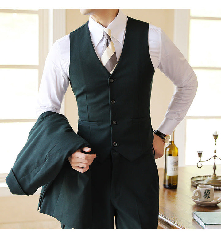 Men's tailored three-piece suit vest. Formal waistcoat, part of a wedding or event suit ensemble.