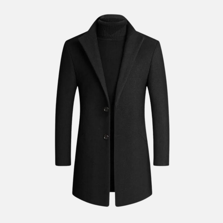 Men's formal trench coat, tailored with a notch lapel. Smart casual winter & fall outerwear. Business attire.