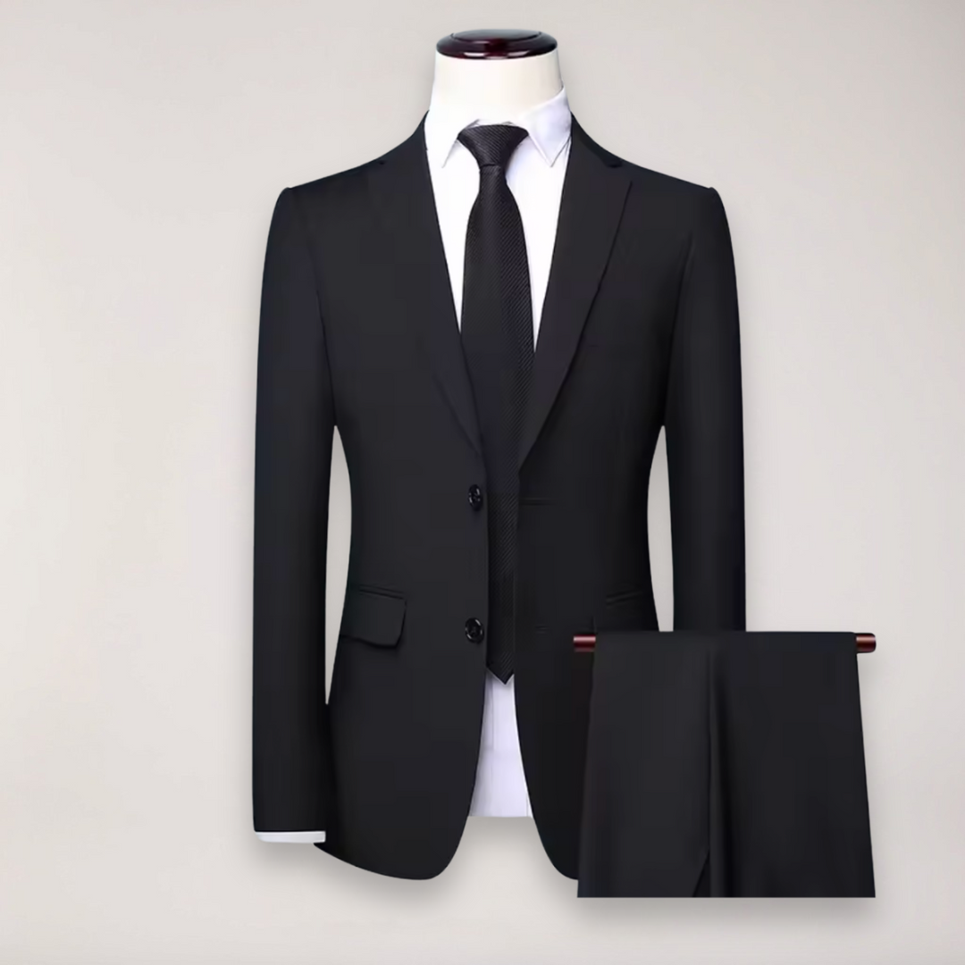 Men's tailored two-piece suit, a stylish blazer & trousers perfect for formal or business attire.