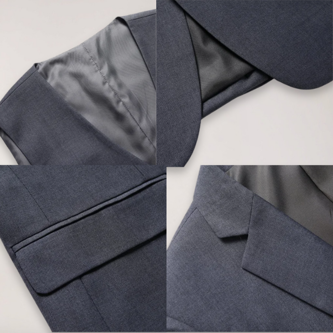 Sharp men's formal suit, a tailored two-piece blazer & trousers designed for professional business attire.