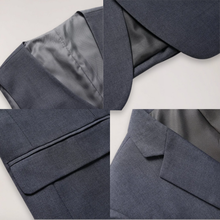 Sharp men's formal suit, a tailored two-piece blazer & trousers designed for professional business attire.
