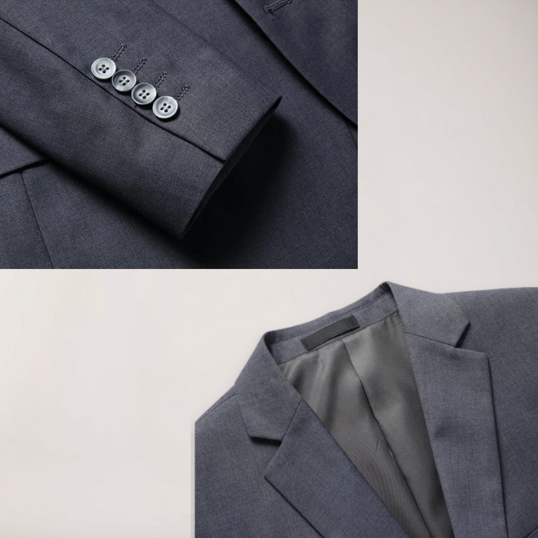 Mannequin displaying a sophisticated men's tailored formal two-piece suit, blazer & trousers for event wear.