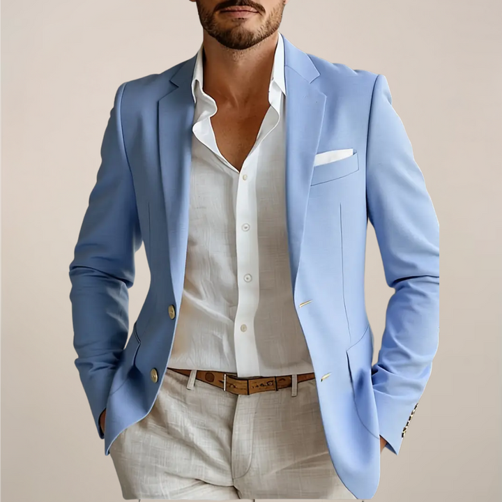 Modern men's tailored fit two-piece suit, ideal for elegant events, weddings, and sophisticated summer formal wear.