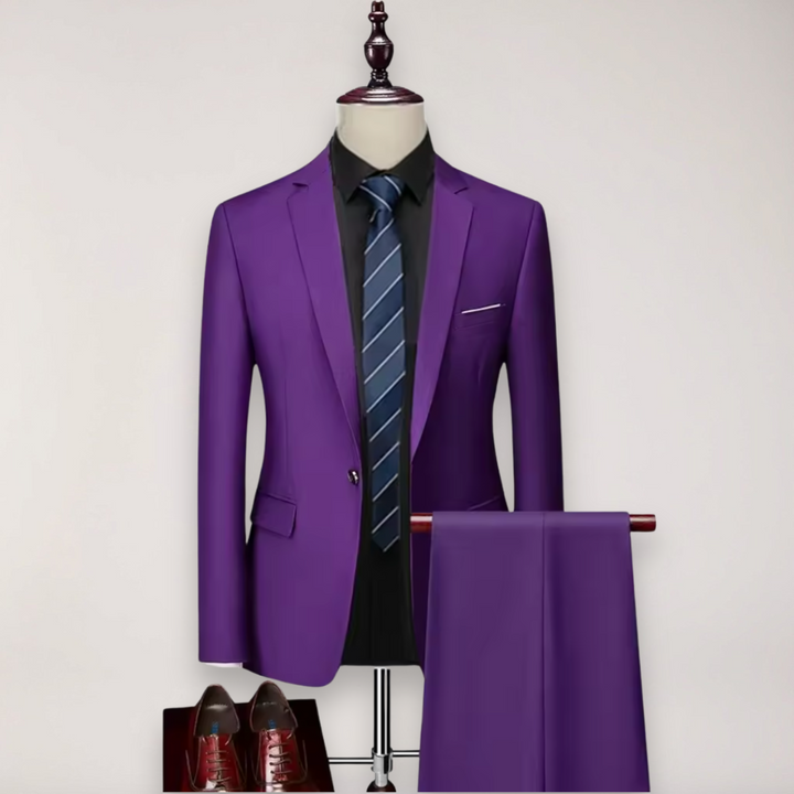 Men's tailored two-piece suit set with blazer & trousers, ideal for formal events & business wear.