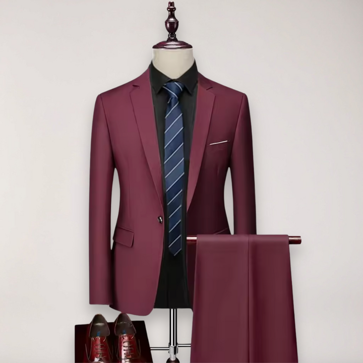 Stylish men's tailored suit set: modern blazer and trousers for business, formal occasions, & special events.