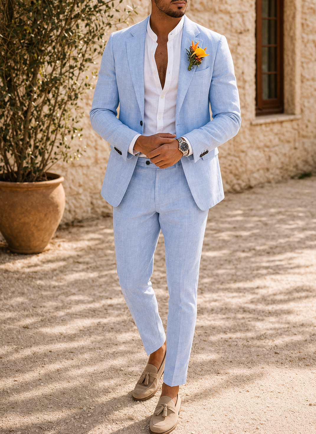Elegant men's wedding suit for groom, tailored formal two-piece set, ideal for summer weddings & special occasions.