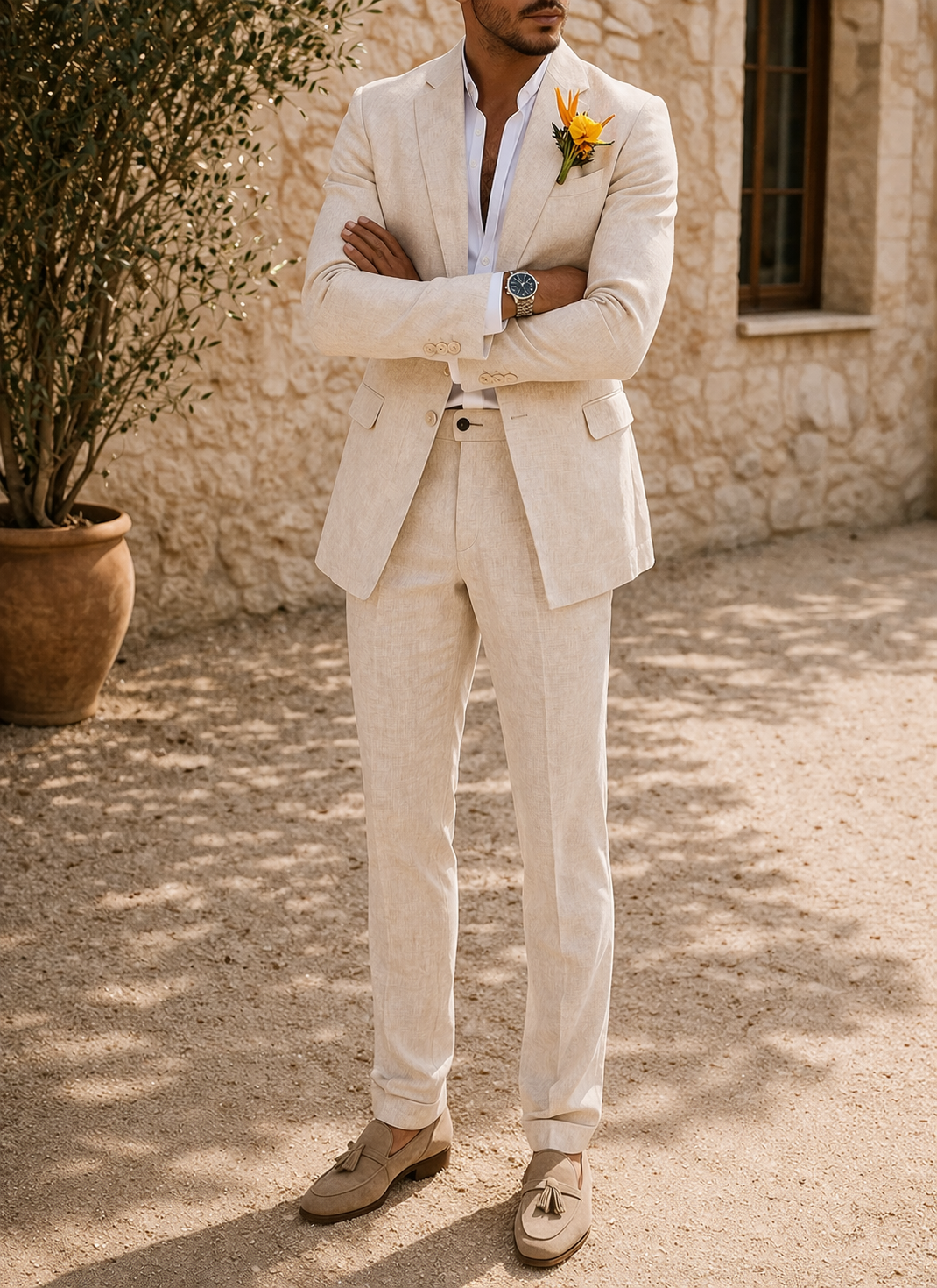 Stylish men's slim fit wedding suit with blazer & trousers. A modern tailored formal wear for special occasions.