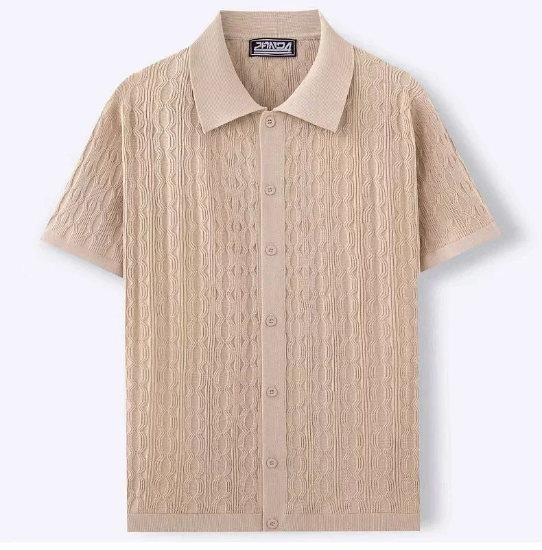 Lightweight textured knit polo for men, featuring short sleeves & a button placket, great for comfortable summer style.