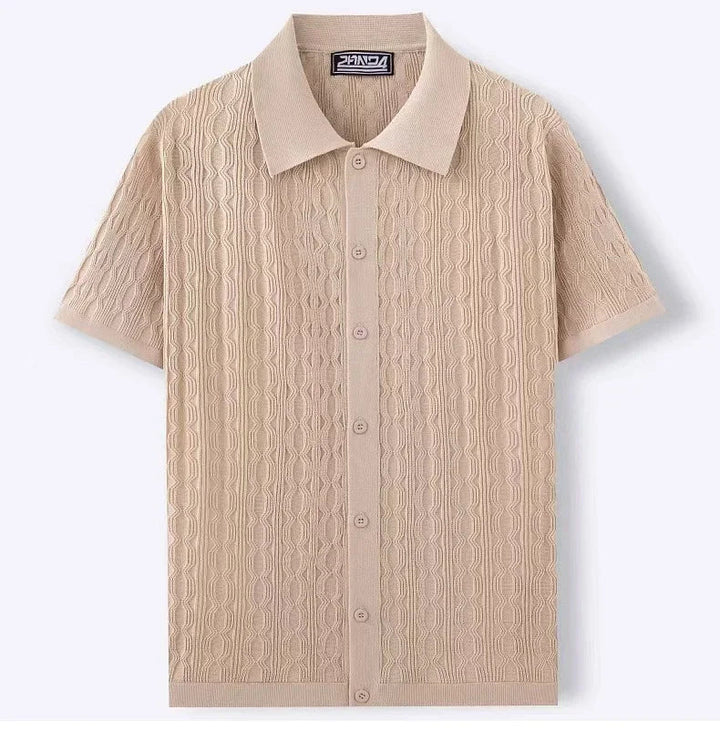 Lightweight textured knit polo for men, featuring short sleeves & a button placket, great for comfortable summer style.