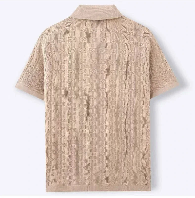 Modern men's textured knit polo shirt, a versatile short-sleeve casual top perfect for spring events or smart-casual looks.