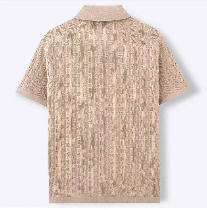 Modern men's textured knit polo shirt, a versatile short-sleeve casual top perfect for spring events or smart-casual looks.