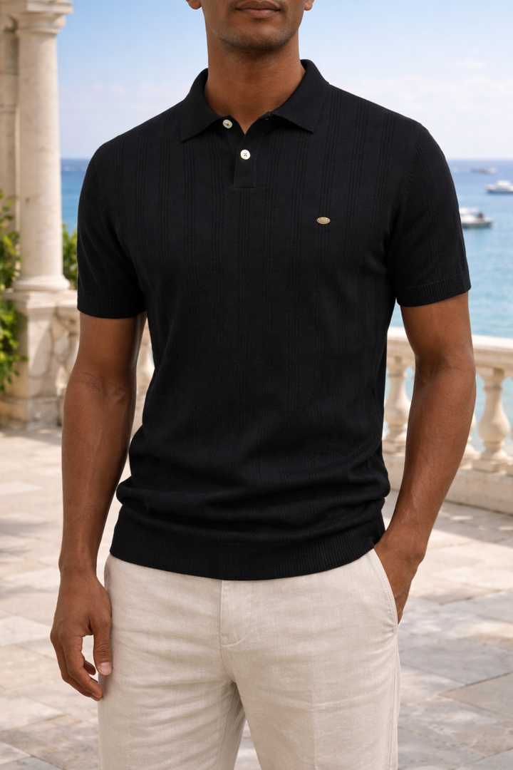 Close-up of men's textured knit polo shirt fabric, highlighting the unique pattern and premium feel.