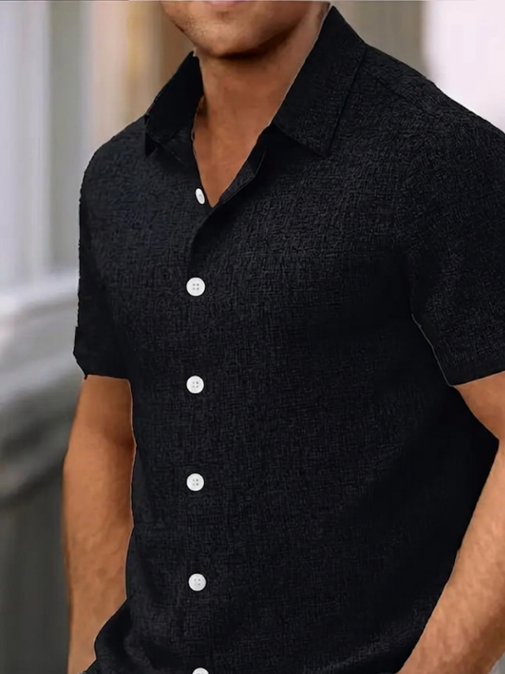 Solid color men's textured polo shirt, regular fit, short sleeve button-down, perfect for versatile spring/summer outfits.