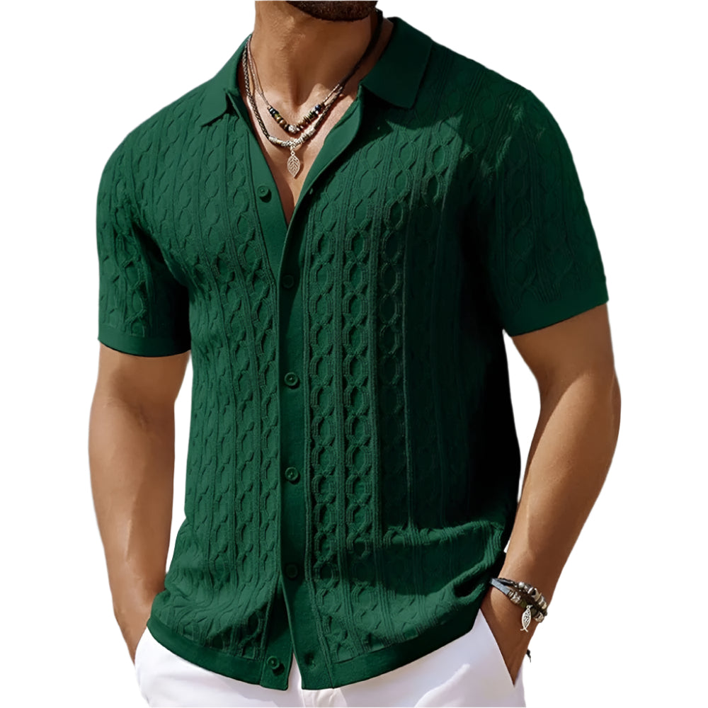 Men's textured polo shirt with a stylish button-down collar. Short-sleeve design, perfect for smart casual spring wear.