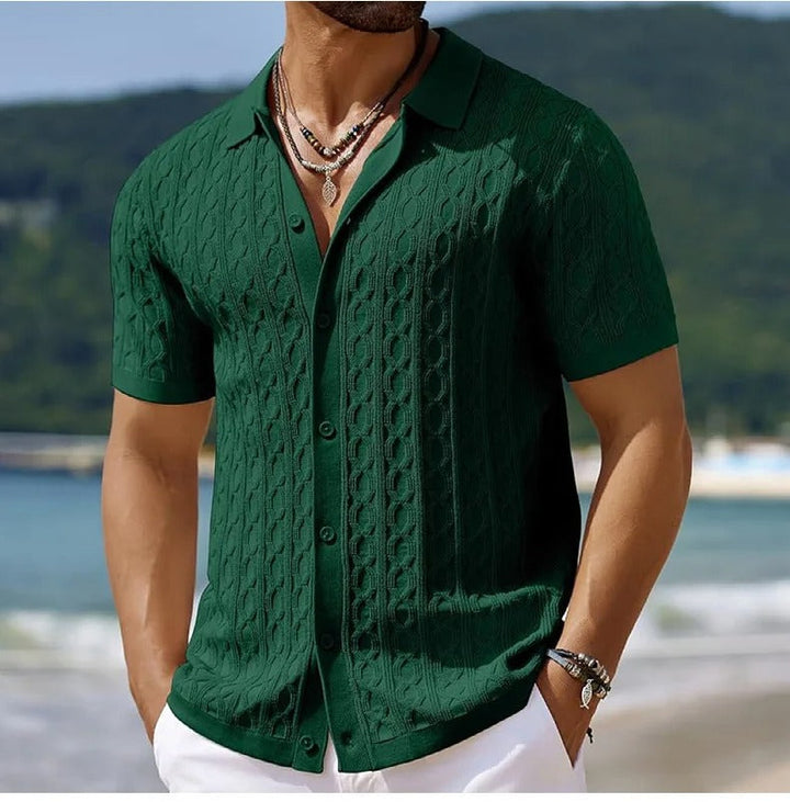 Classic men's short-sleeve textured polo shirt featuring a button-down collar. Comfortable top for summer & spring fashion.