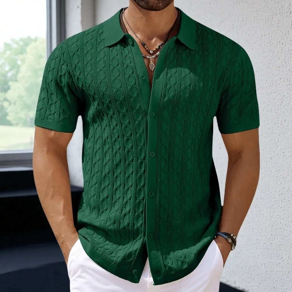 Comfortable men's textured polo, short sleeve, with a neat button-down collar. Versatile smart casual top for daily wear.